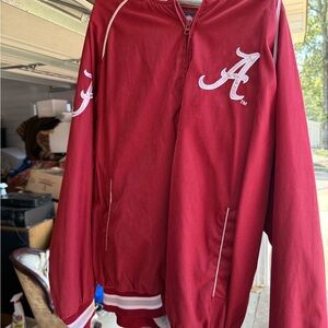 Women's Varsity Jacket in Rich Red With Pink Lettering Representing Breast Can